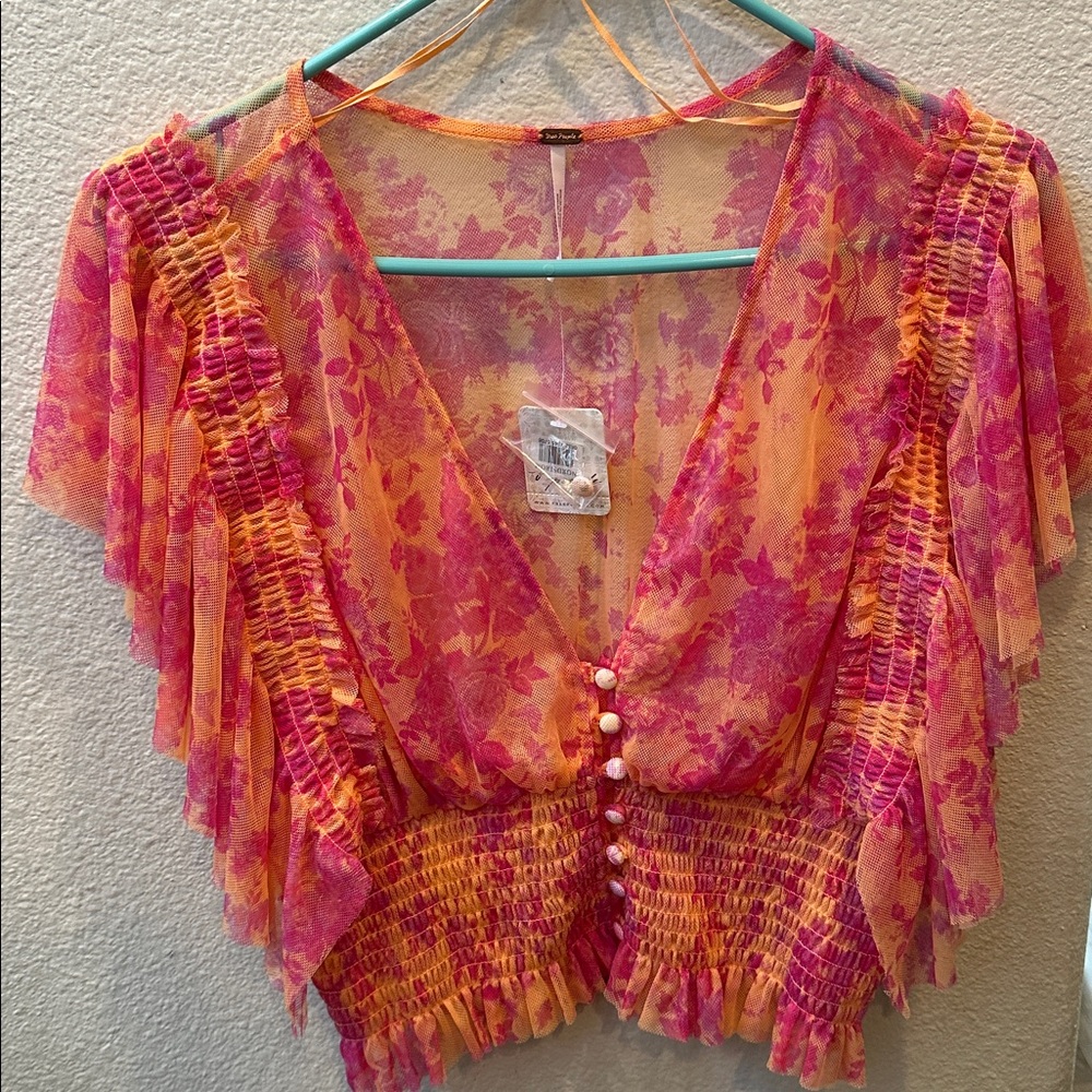 Free People NWT Sheer Floral Ruffle Crop Top Pink Orange Boho Smocked Size L